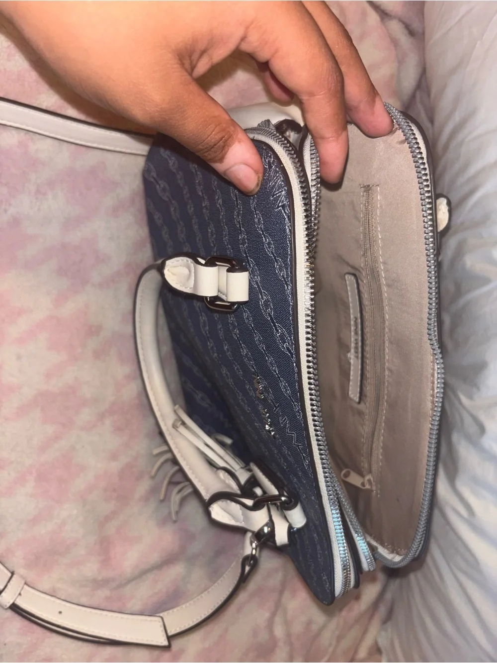 Nine West Navy and Cream Chain-Print Dome Crossbody Bag